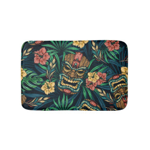 Hawaiian Tiki Mask Tropical Pattern Bath Mat