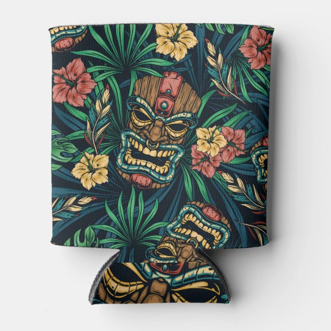 Hawaiian Tiki Mask Tropical Pattern Can Cooler (Front)