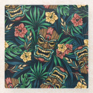 Hawaiian Tiki Mask Tropical Pattern Glass Coaster