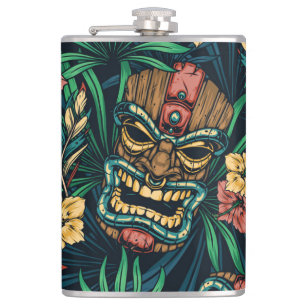 Hawaiian Tiki Mask Tropical Pattern Hip Flask