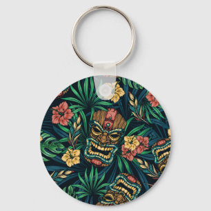 Hawaiian Tiki Mask Tropical Pattern Key Ring