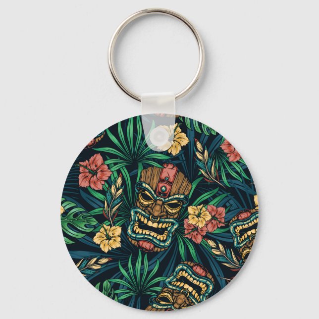 Hawaiian Tiki Mask Tropical Pattern Key Ring (Front)