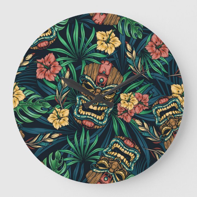 Hawaiian Tiki Mask Tropical Pattern Large Clock (Front)
