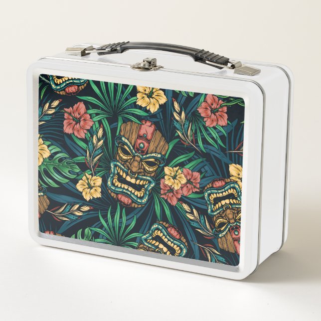Hawaiian Tiki Mask Tropical Pattern Metal Lunch Box (Front)