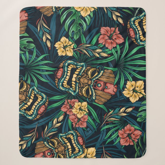Hawaiian Tiki Mask Tropical Pattern Sherpa Blanket (Front)