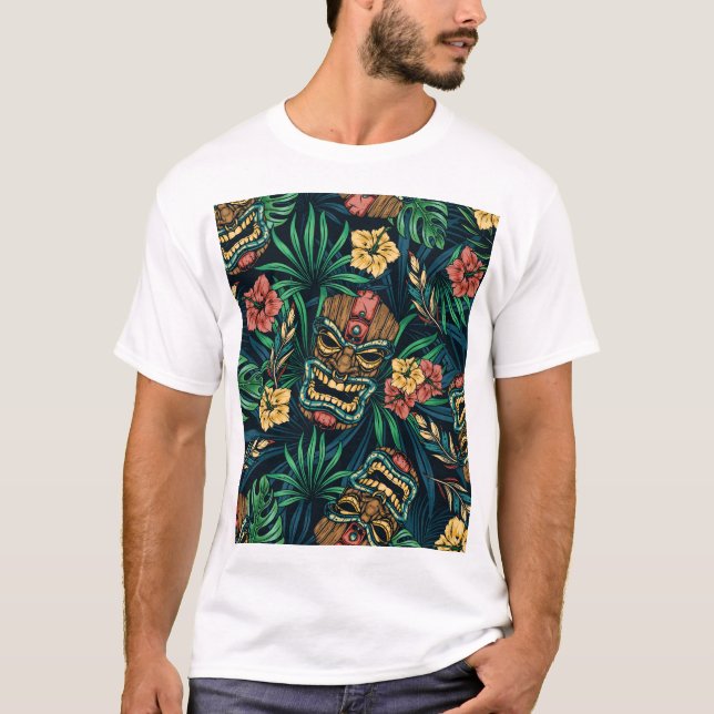 Hawaiian Tiki Mask Tropical Pattern T-Shirt (Front)