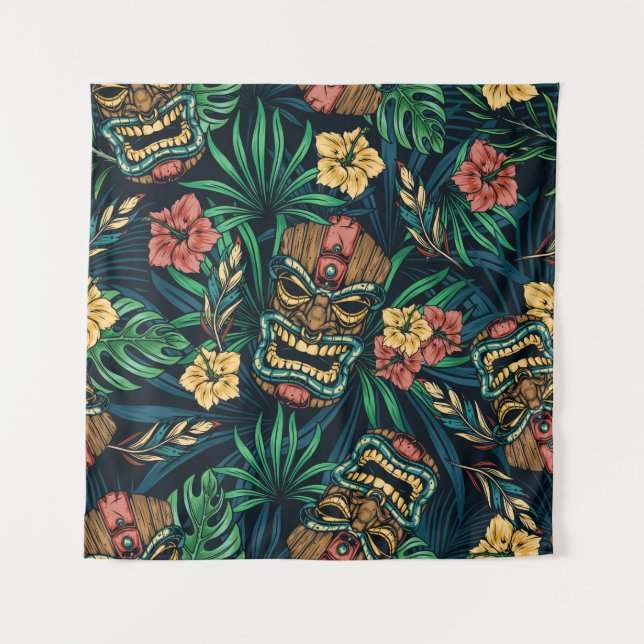 Hawaiian Tiki Mask Tropical Pattern Tapestry (Front)