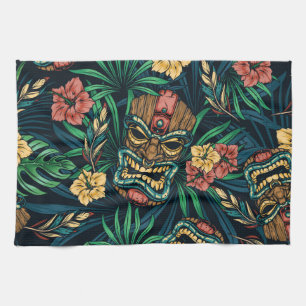 Hawaiian Tiki Mask Tropical Pattern Tea Towel