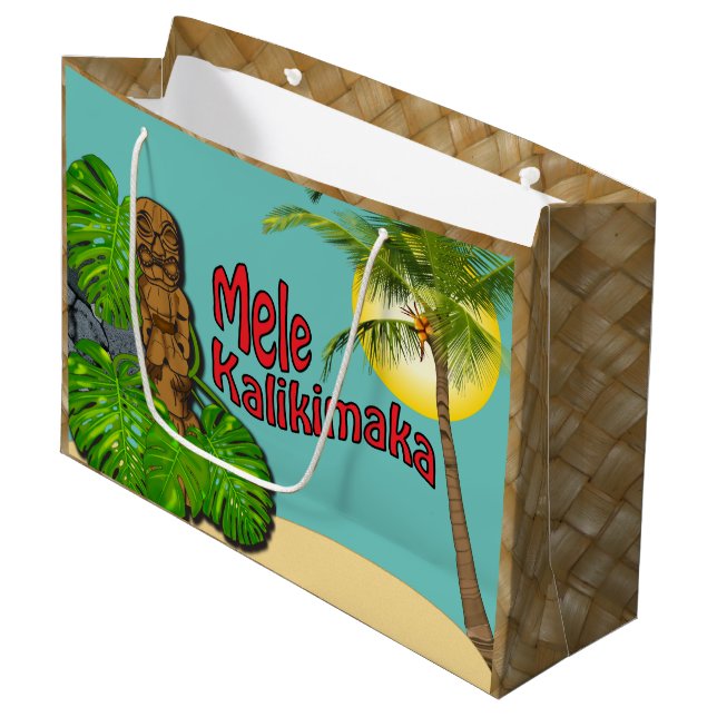 Hawaiian Tiki Mele Kalikimaka Christmas Day Large Gift Bag (Front Angled)