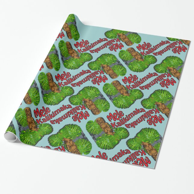 Hawaiian Tiki Mele Kalikimaka Wrapping Paper (Unrolled)