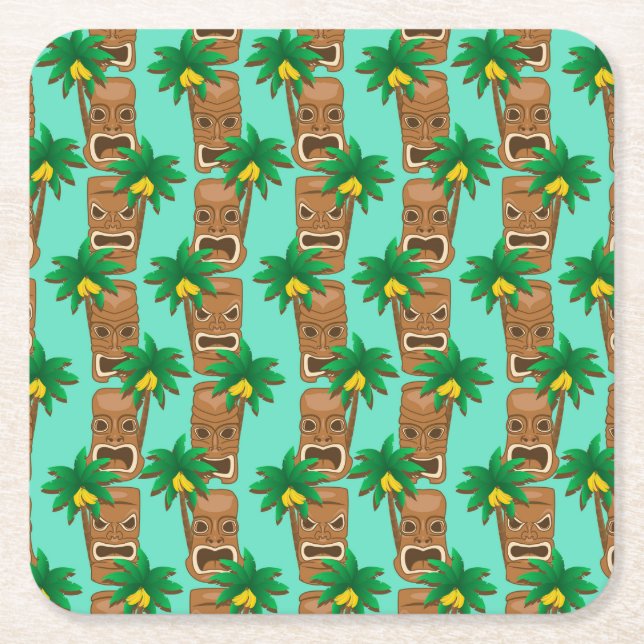 Hawaiian Tiki Repeat Pattern Square Paper Coaster (Front)
