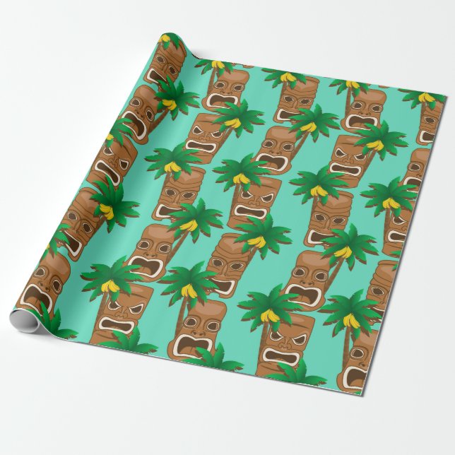 Hawaiian Tiki Repeat Pattern Wrapping Paper (Unrolled)