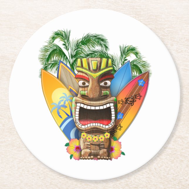 Hawaiian Tiki Surfing Round Paper Coaster (Front)