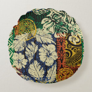Hawaiian tribal elements and hibiscus fabric patch round cushion