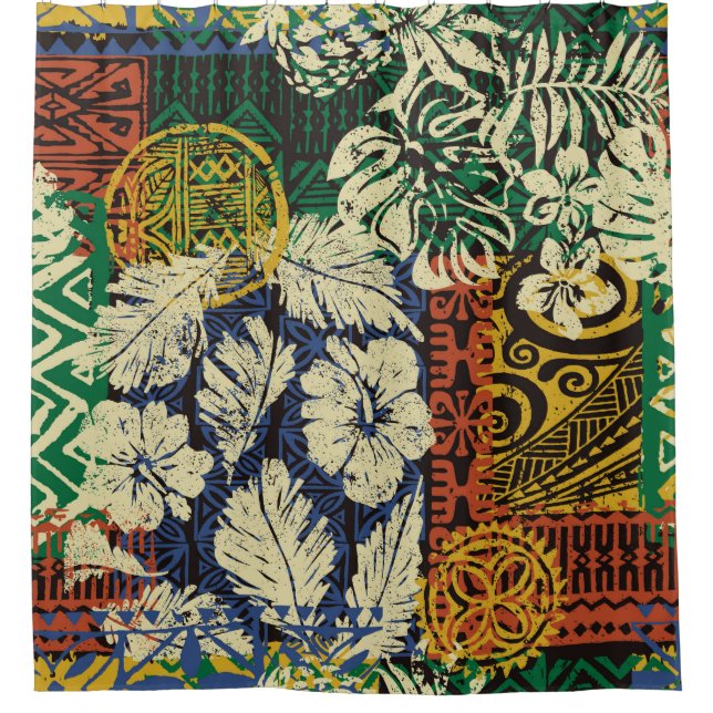 Hawaiian tribal elements and hibiscus fabric patch shower curtain (Front)