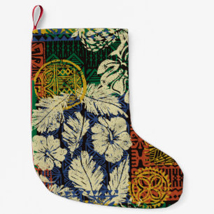 Hawaiian tribal elements and hibiscus fabric patch small christmas stocking