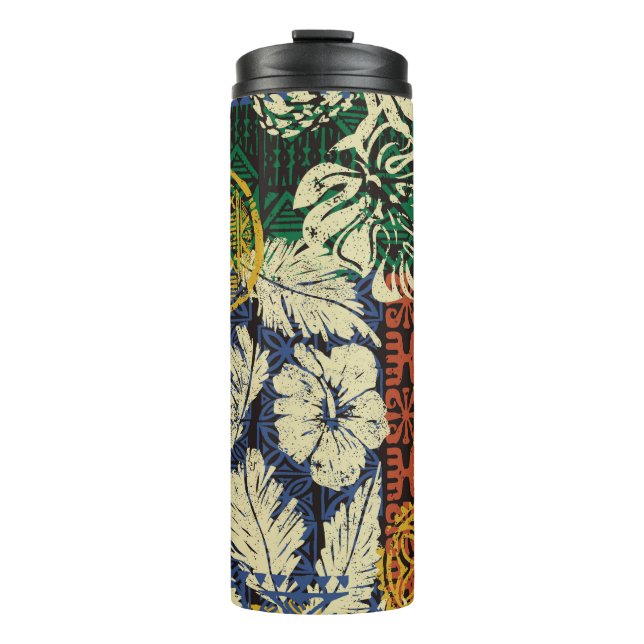 Hawaiian tribal elements and hibiscus fabric patch thermal tumbler (Front)