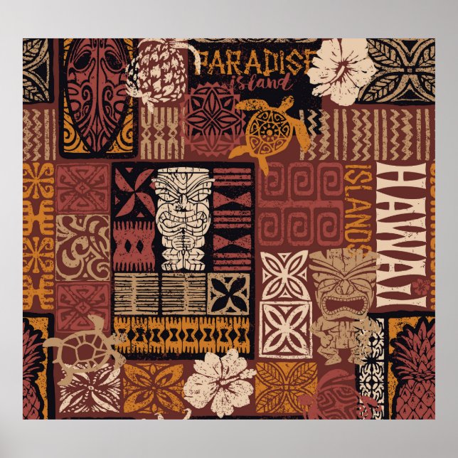 Hawaiian Tribal: Vintage Fabric Patchwork Poster (Front)