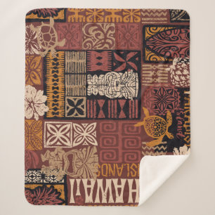 Hawaiian Tribal: Vintage Fabric Patchwork Sherpa Blanket