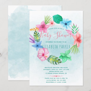 Hawaiian tropical blue floral wreath baby shower invitation