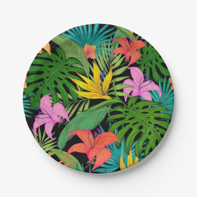 Hawaiian Tropical Floral Palm Leaves Paper Plate (Front)