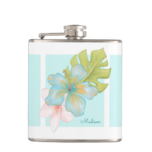 Hawaiian Tropical Floral Pattern with Name Hip Flask