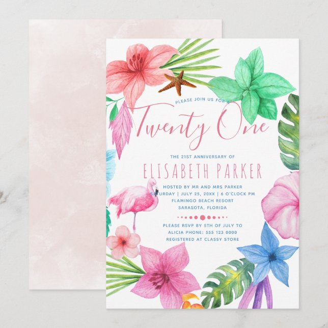 Hawaiian tropical floral twenty one birthday party invitation (Front/Back)