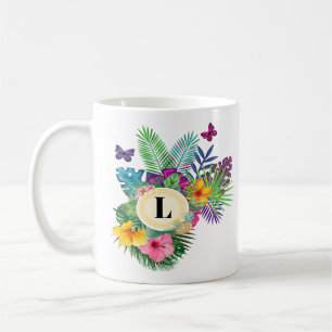 Hawaiian Tropical Flowers And Butterflies Monogram Coffee Mug