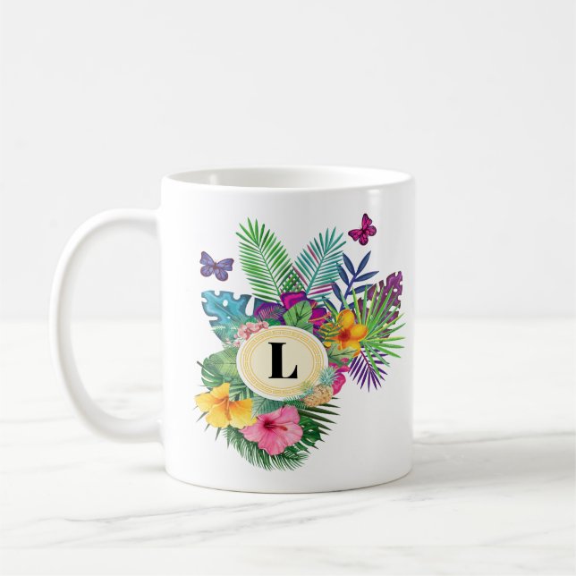 Hawaiian Tropical Flowers And Butterflies Monogram Coffee Mug (Left)