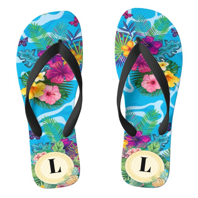 Hawaiian Tropical Flowers And Butterflies Monogram Flip Flops (Footbed)
