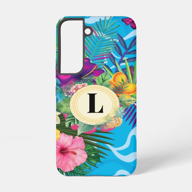 Hawaiian Tropical Flowers And Butterflies Monogram Samsung Galaxy S22 Case (Back)