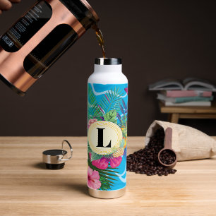 Hawaiian Tropical Flowers And Butterflies Monogram Water Bottle