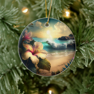 Hawaiian Tropical Flowers at the Beach Ornament
