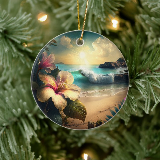 Hawaiian Tropical Flowers at the Beach Ornament (Tree)
