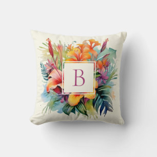 Hawaiian Tropical Flowers Monogram  Cushion
