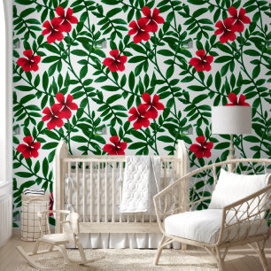 Hawaiian tropical flowers red green coastal chic wallpaper