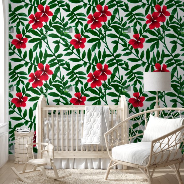 Hawaiian tropical flowers red green coastal chic wallpaper (Kids)