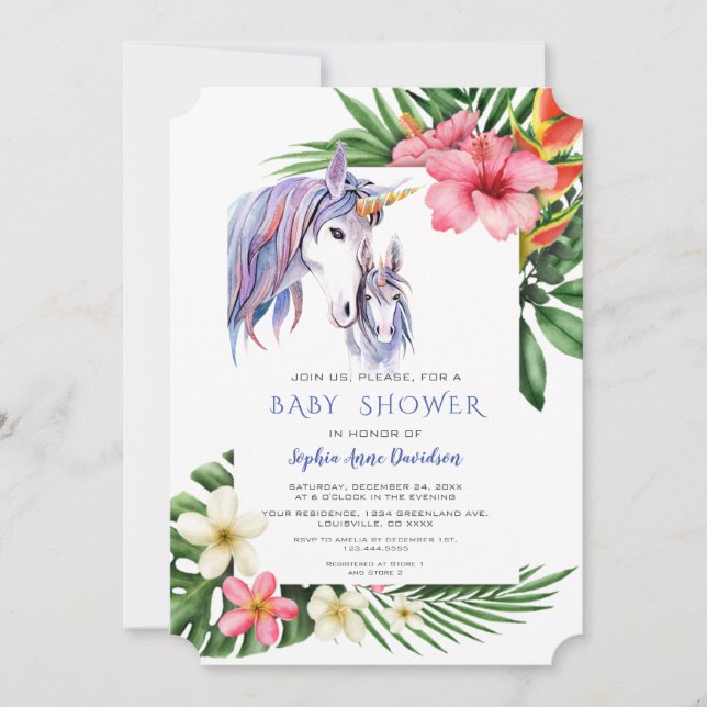 Hawaiian Tropical Flowers Unicorn Boy Baby Shower Invitation (Front)