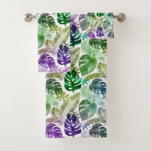 HAWAIIAN TROPICAL GREEN PURPLE TOWEL SET