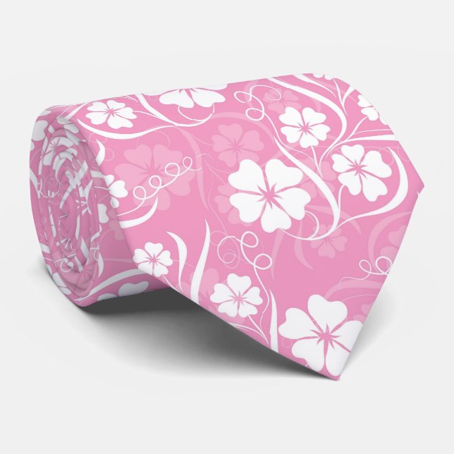 Hawaiian Tropical Hibiscus Flowers Pink White Tie (Rolled)