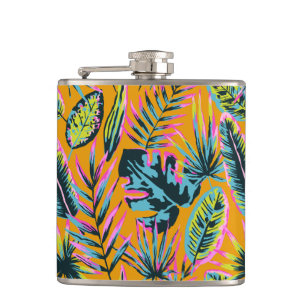 Hawaiian Tropical Leaves And Plants Print Pattern Hip Flask