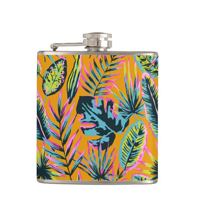 Hawaiian Tropical Leaves And Plants Print Pattern Hip Flask (Front)