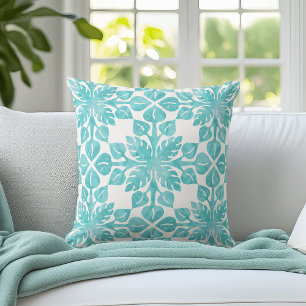 Hawaiian Tropical Leaves Aqua Watercolor Pattern Cushion