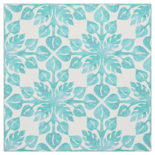 Hawaiian Tropical Leaves Aqua Watercolor Pattern Fabric