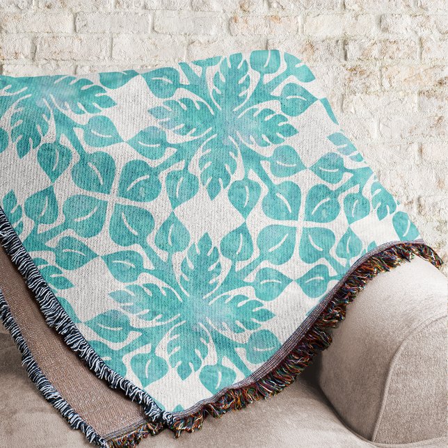 Hawaiian Tropical Leaves Aqua Watercolor Pattern Throw Blanket (Creator Uploaded)