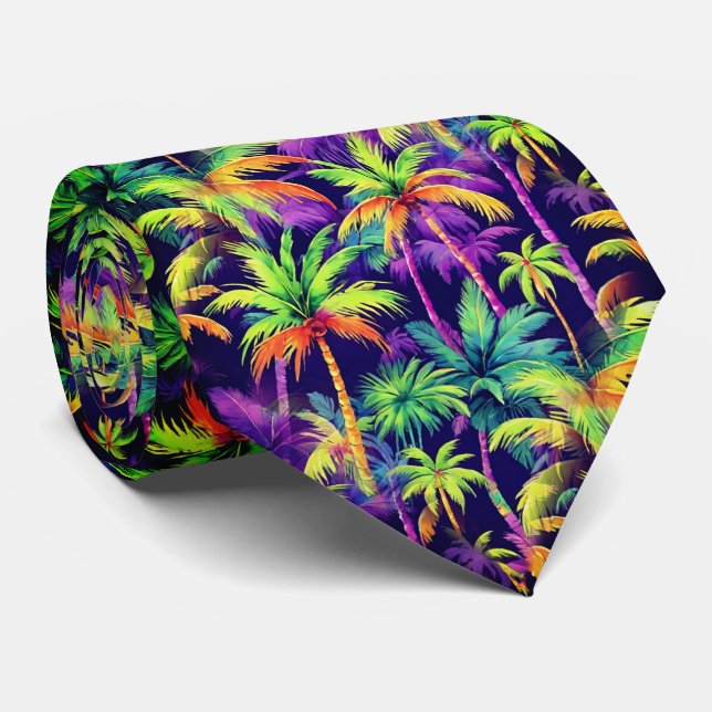 Hawaiian Tropical Palm Tree Coastal Sunset Pattern Tie (Rolled)