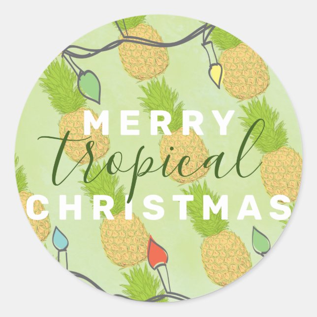 Hawaiian Tropical Pineapple Christmas Lights Classic Round Sticker (Front)