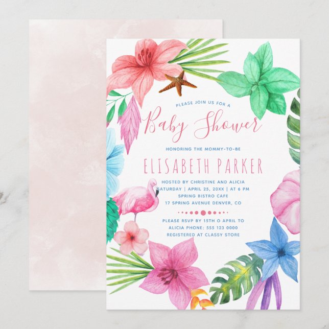 Hawaiian tropical pink floral wreath baby shower invitation (Front/Back)