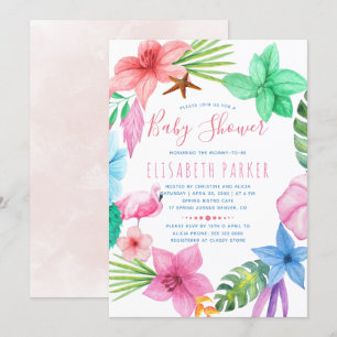 Hawaiian tropical pink floral wreath baby shower invitation