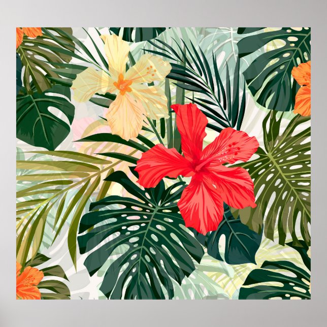 Hawaiian tropical plants, colourful flowers. poster (Front)
